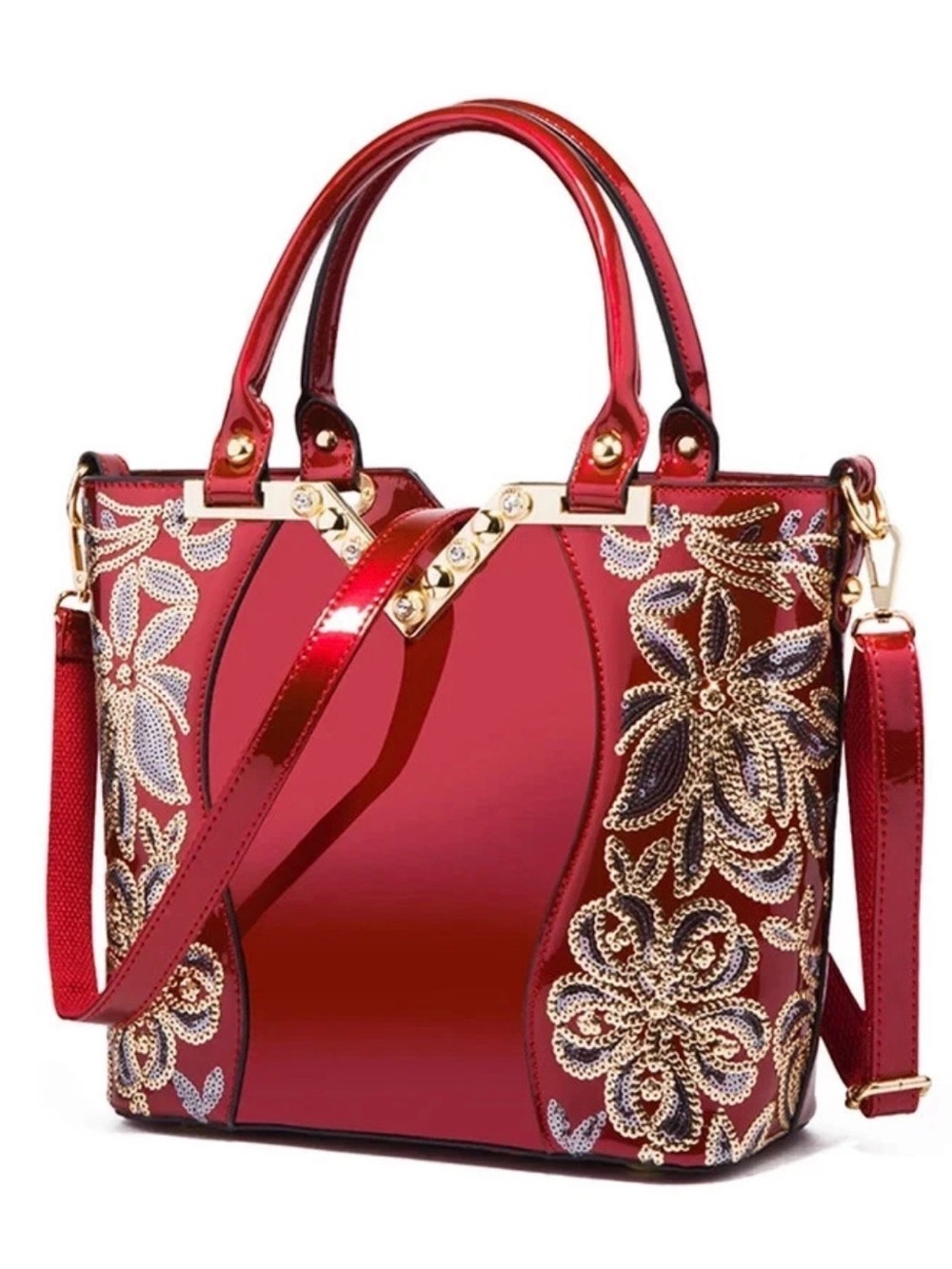 Cherry Red Faux Patent Sequin Floral Crossbody Y2K Vintage Glam Party Purse - Picture 12 of 12